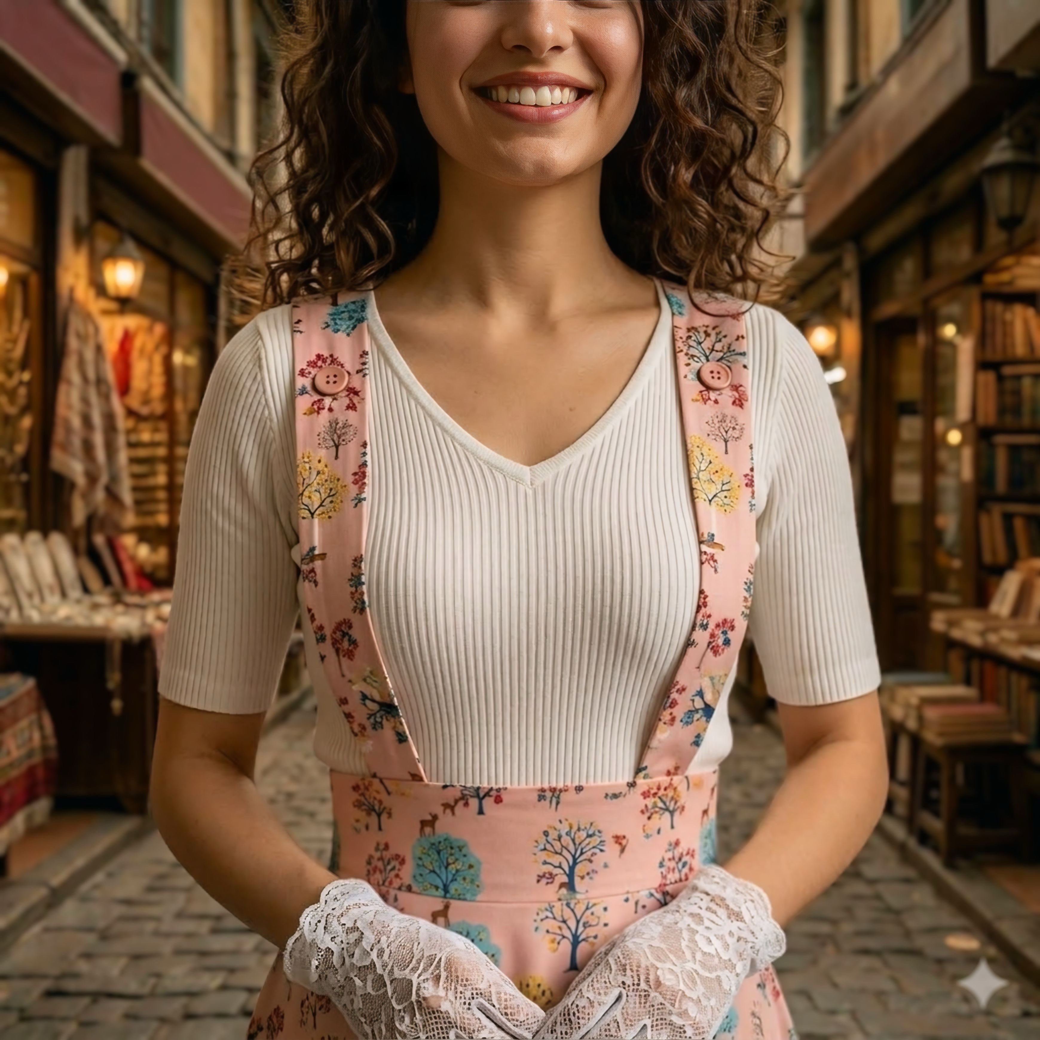 Pembe Desenli Askılı Etek