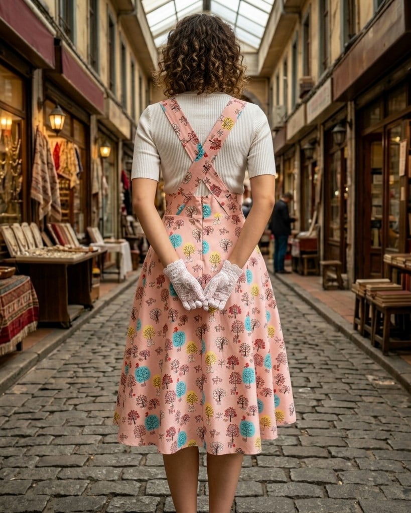Pembe Desenli Askılı Etek