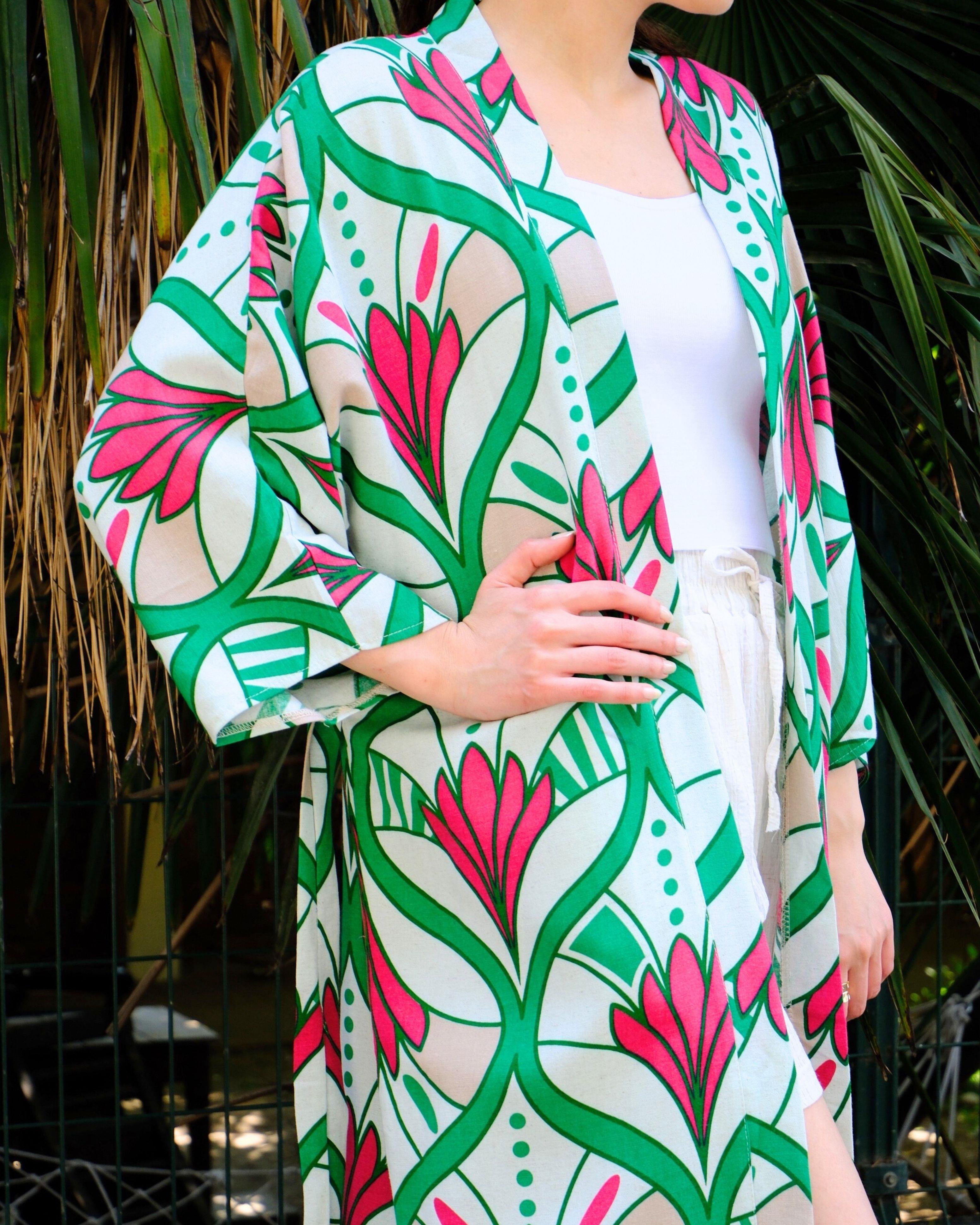 Renkli Çiçek Desenli Yazlık Kimono