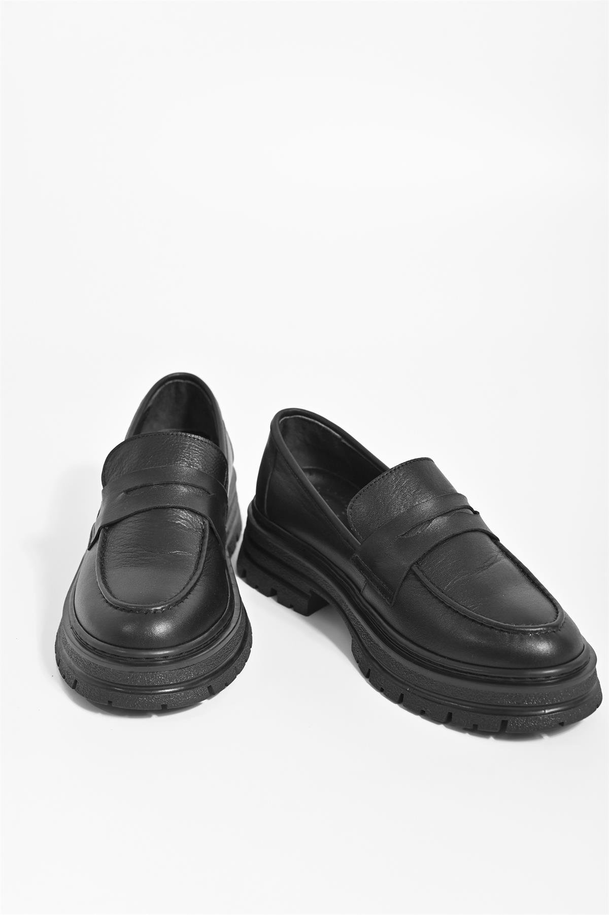 6191 kadın siyah deri loafer kalın taban