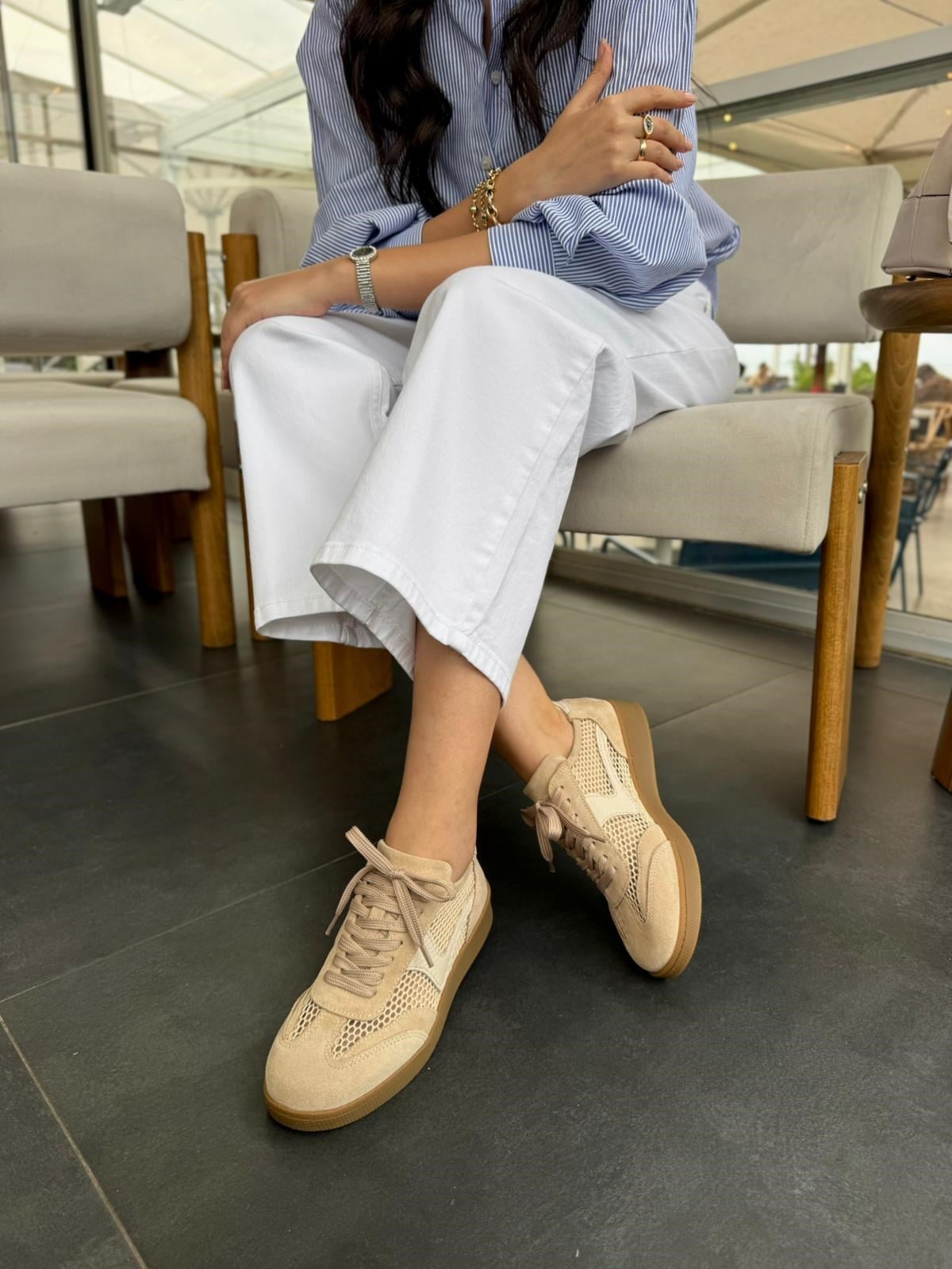 7874 KREM SÜET DERİ FİLELİ SNEAKER AYAKKABI