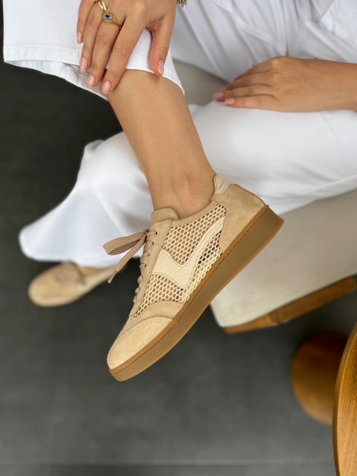 7874 KREM SÜET DERİ FİLELİ SNEAKER AYAKKABI