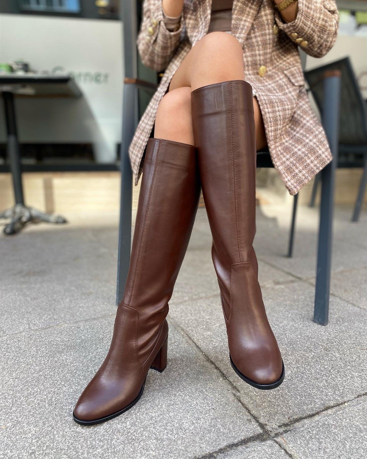 KAHVE HAKİKİ DERİ 5644 FERMUARSIZ TOPUKLU ÇİZME | nacishoes