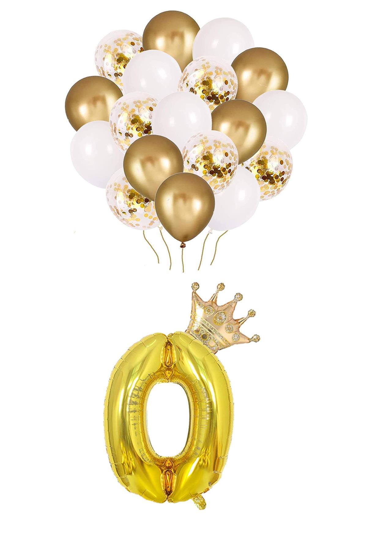 0 Rakam Gold Folyo Balon, Kral Tacı Ve Konfetili Gold Balon