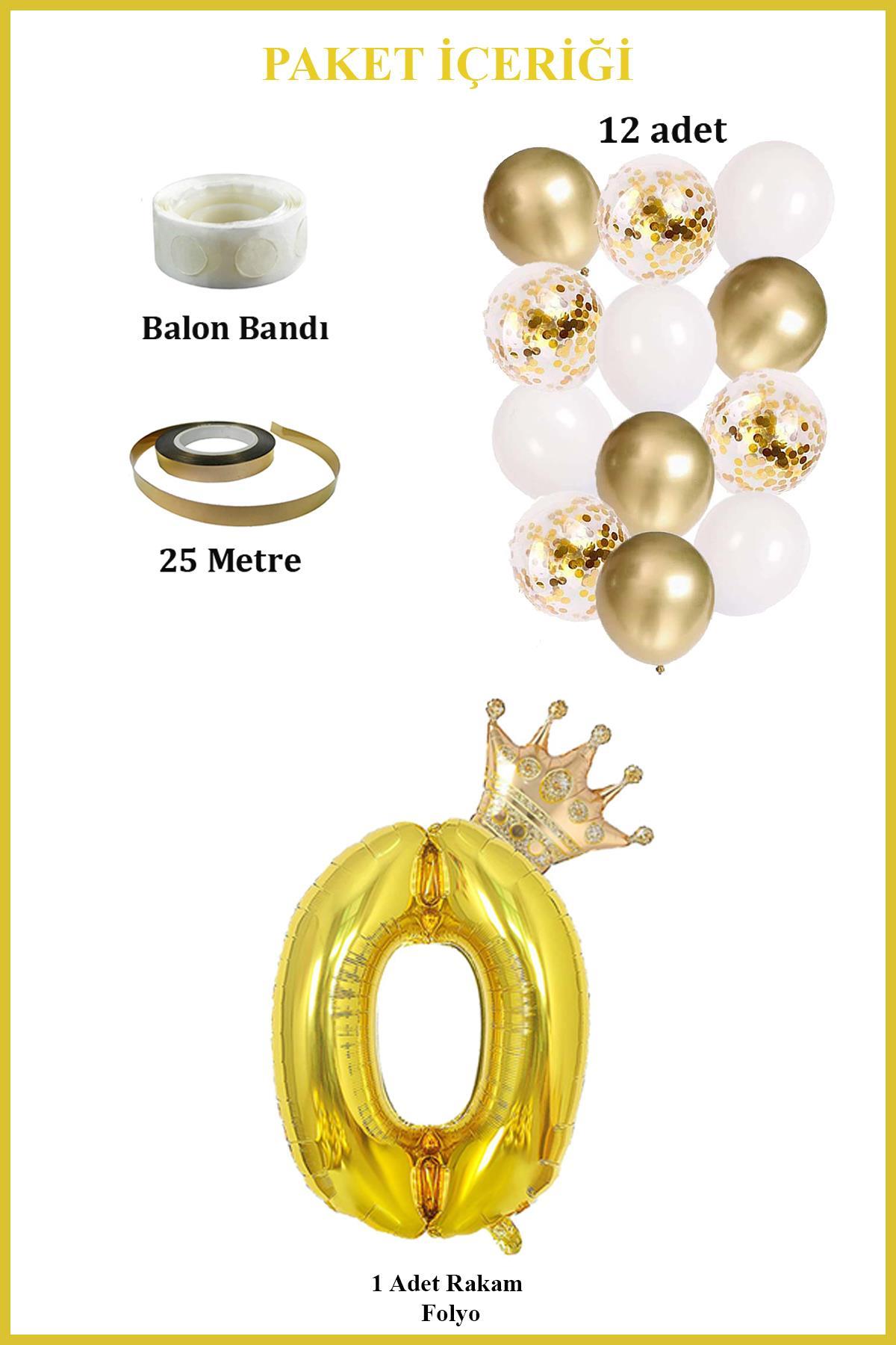 0 Rakam Gold Folyo Balon, Kral Tacı Ve Konfetili Gold Balon