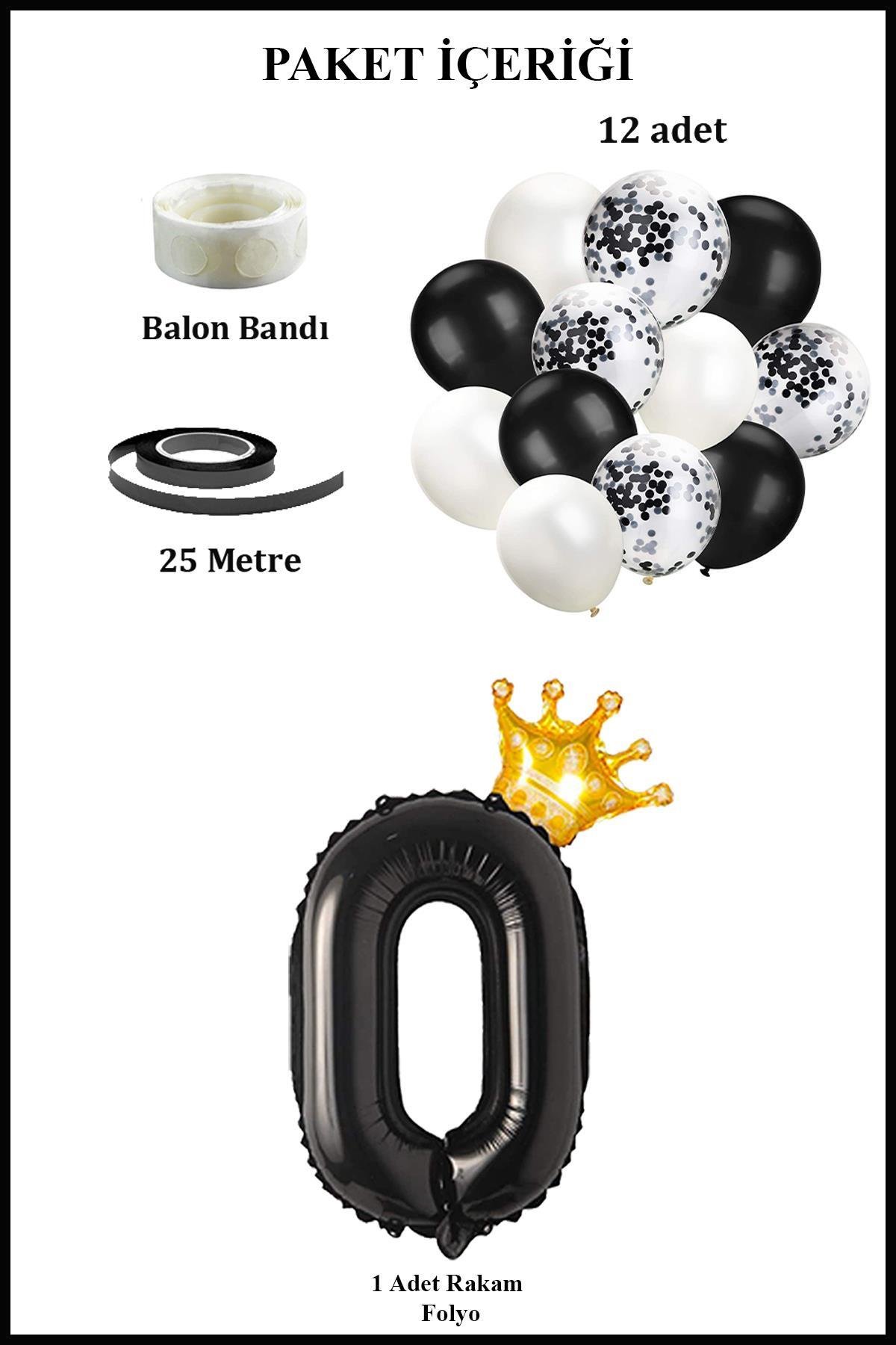 0 Rakam Siyah Folyo Balon, Kral Tacı Ve Konfetili Siyah Balon Set