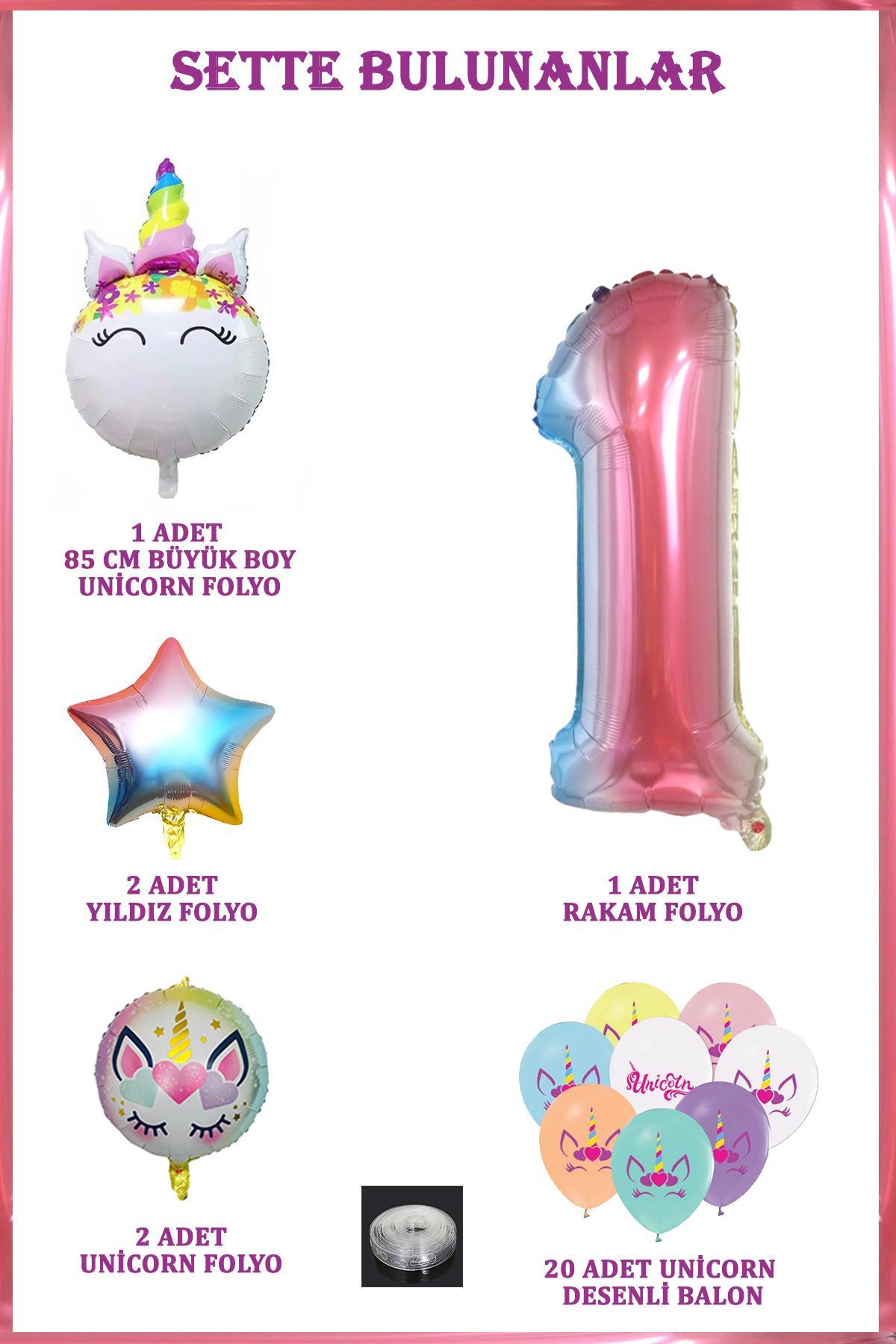 1 Yaş Gökkuşağı Konsepti Unicorn Temalı Doğum Günü Parti Kutlama Seti