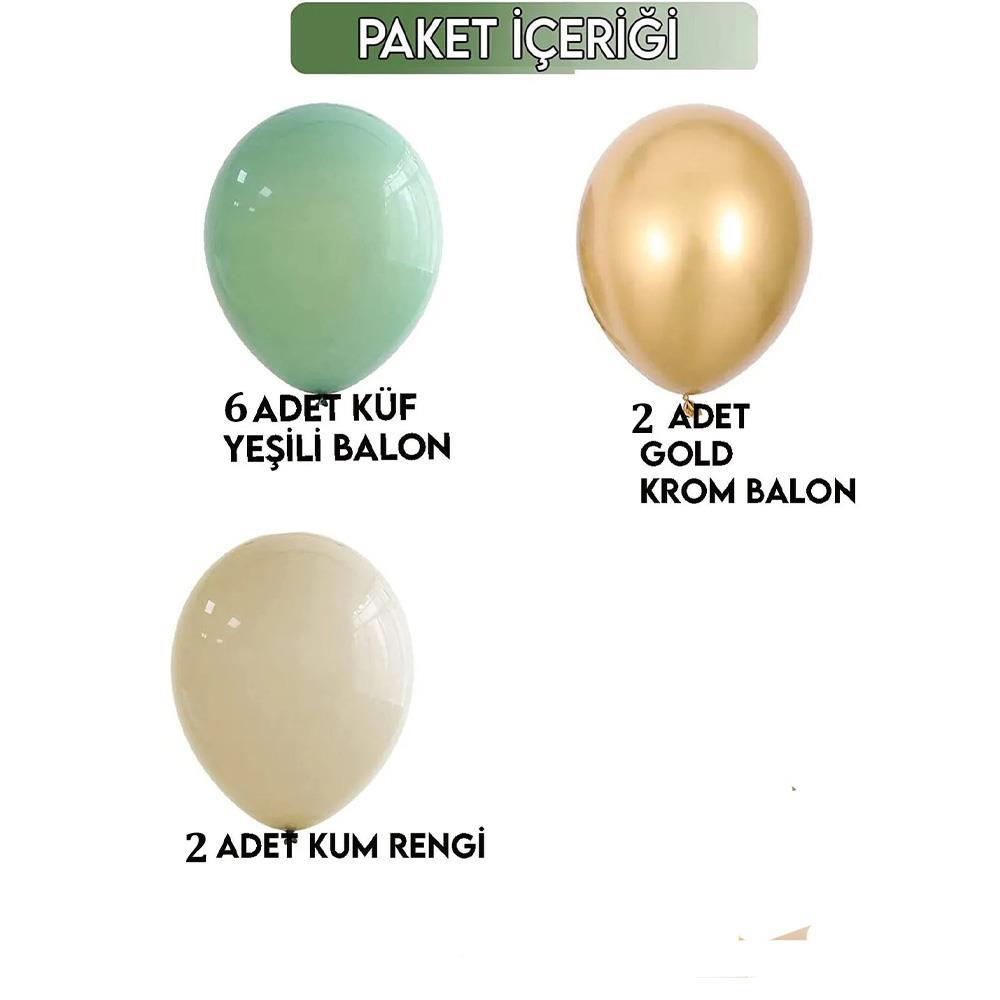 12 İnç Küf Yeşili Krom Gold ve Deniz Kumu 10 Adet Balon