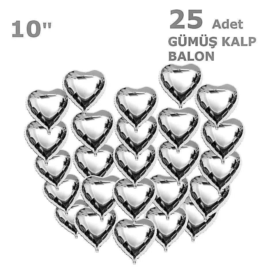 25 Adet Gümüş Kalp Folyo Balon 10 Inç 