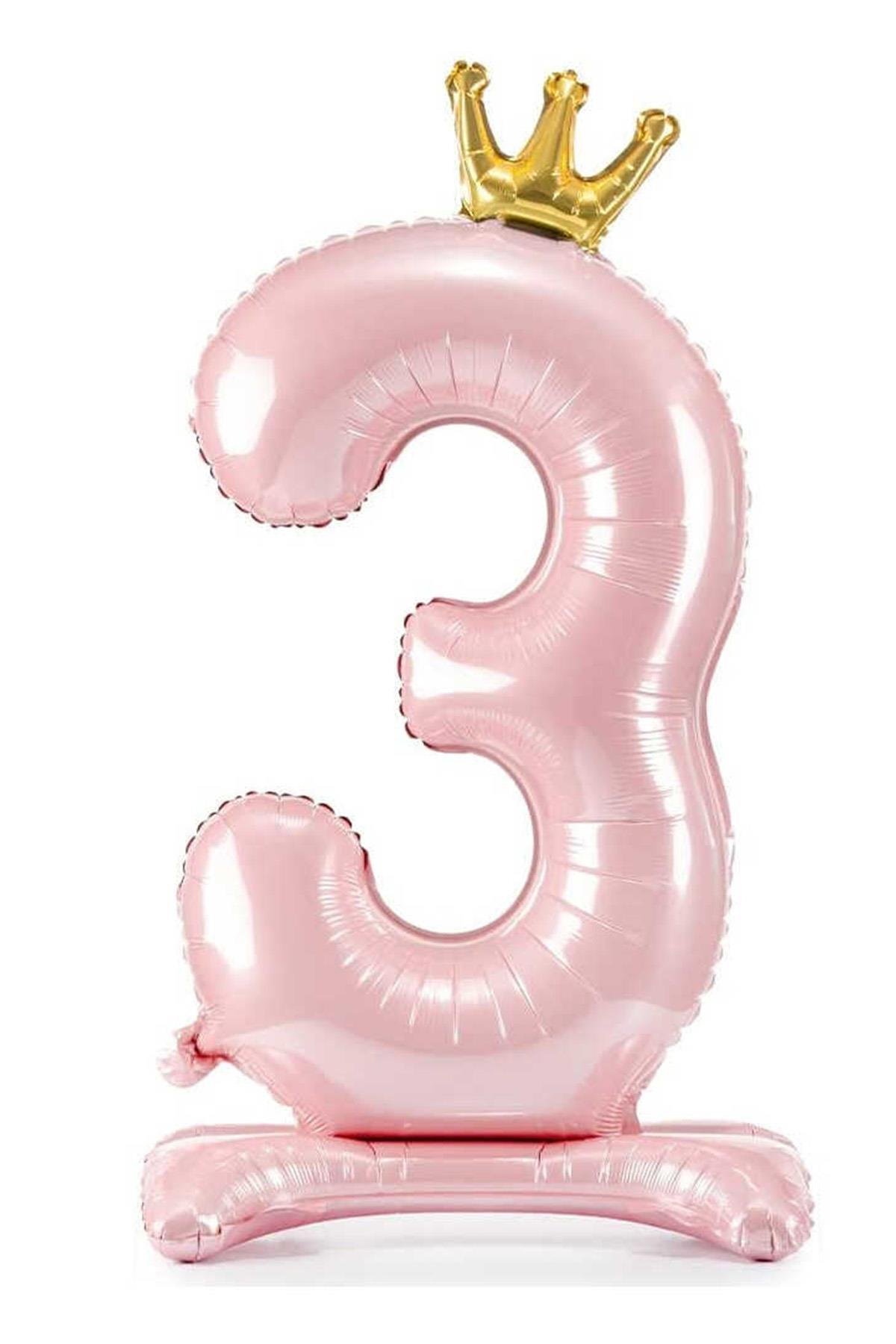 3 Rakam Bebe Pembesi Renkli Ayaklı ve Kral Taç'lı Folyo Balon 34 İnç 76 Cm