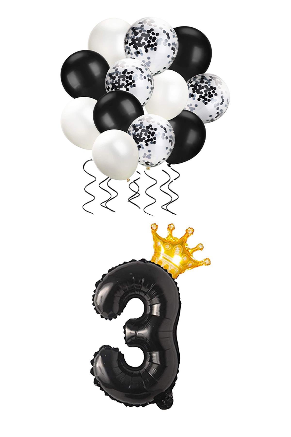 3 Rakam Siyah Folyo Balon, Kral Tacı Ve Konfetili Siyah Balon Set