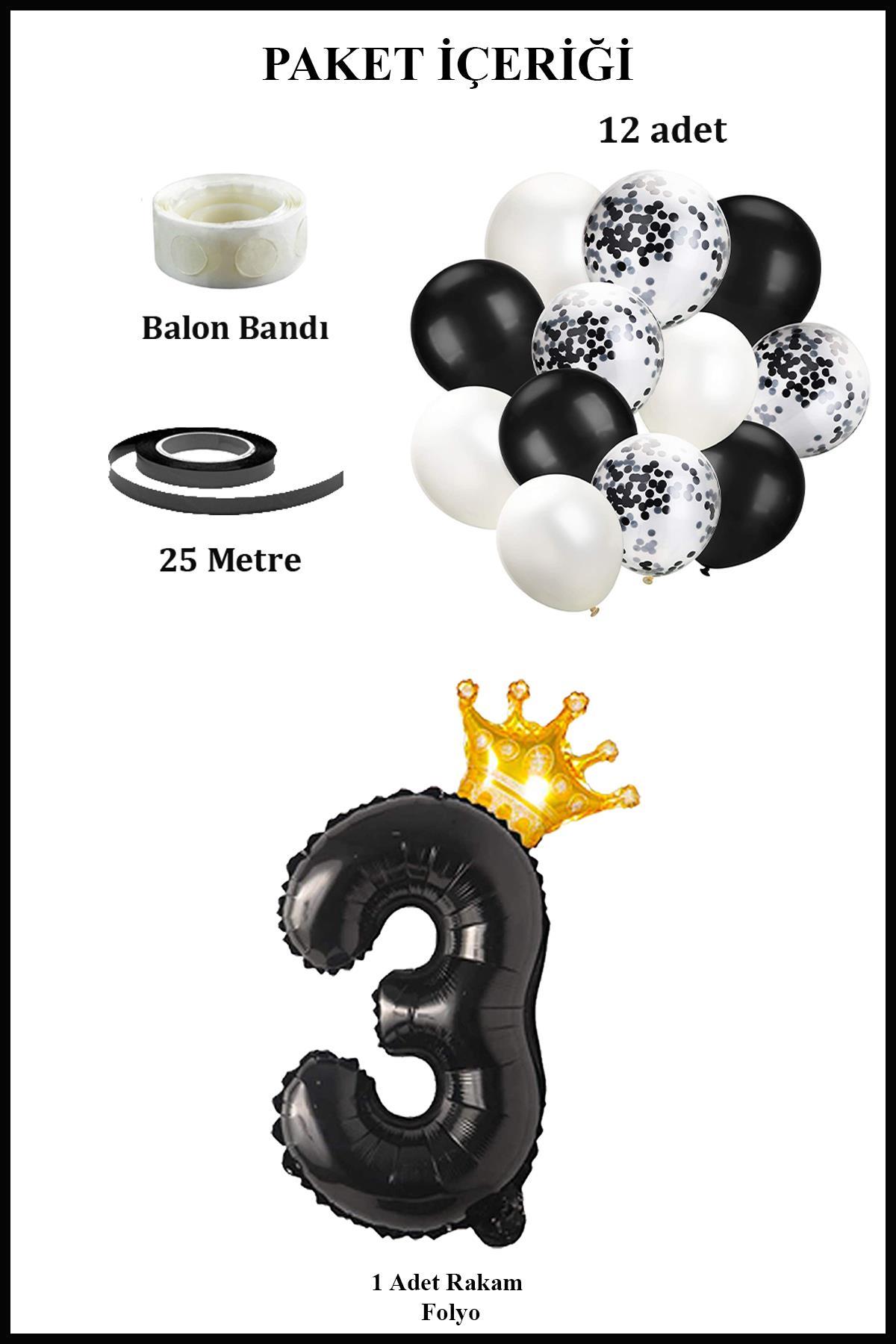 3 Rakam Siyah Folyo Balon, Kral Tacı Ve Konfetili Siyah Balon Set