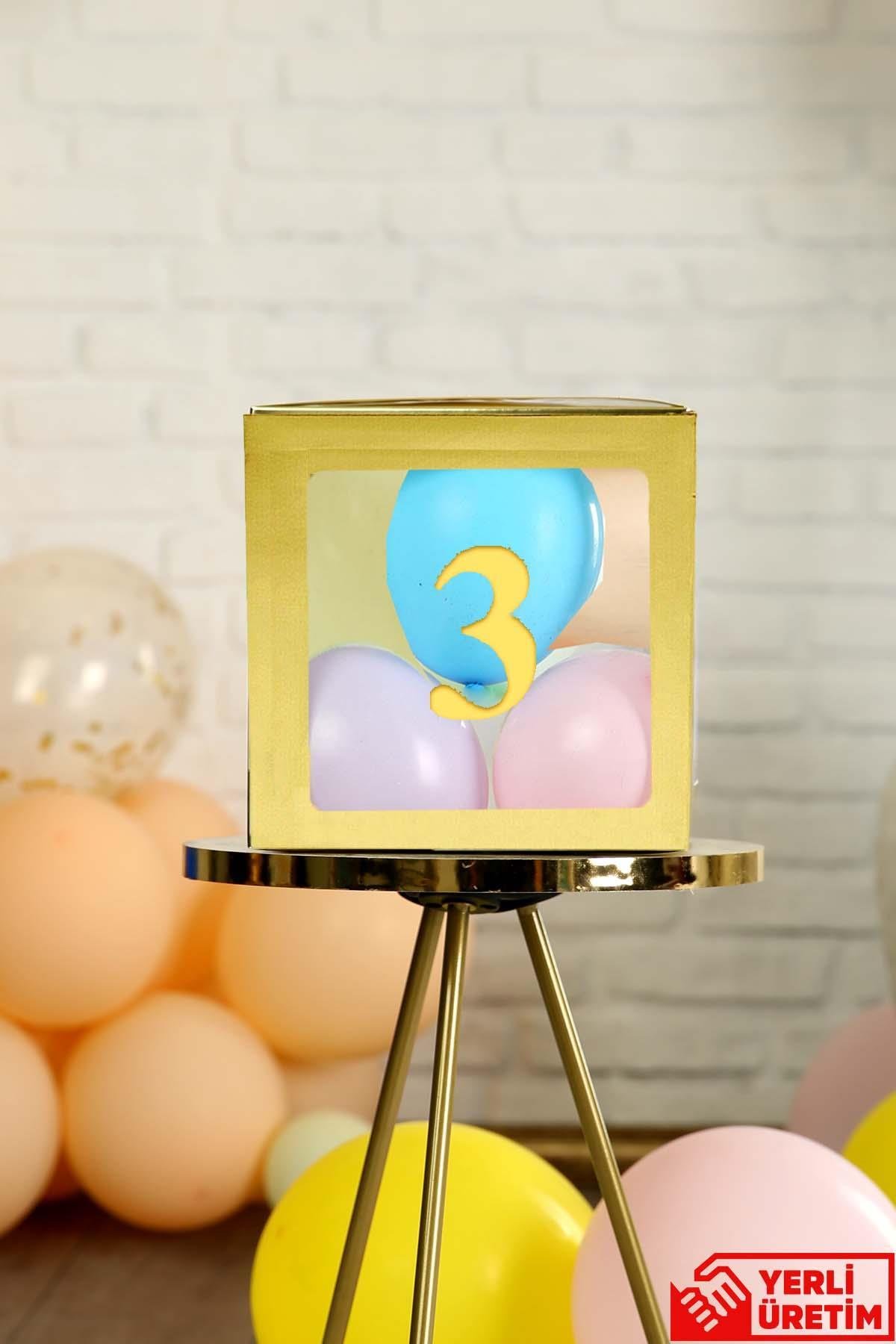 3 Rakamlı Gold Şeffaf Büyük Boy 25*25 cm Balon Kutusu Kendin Yap Doğum Günü Parti Kutlama Seti