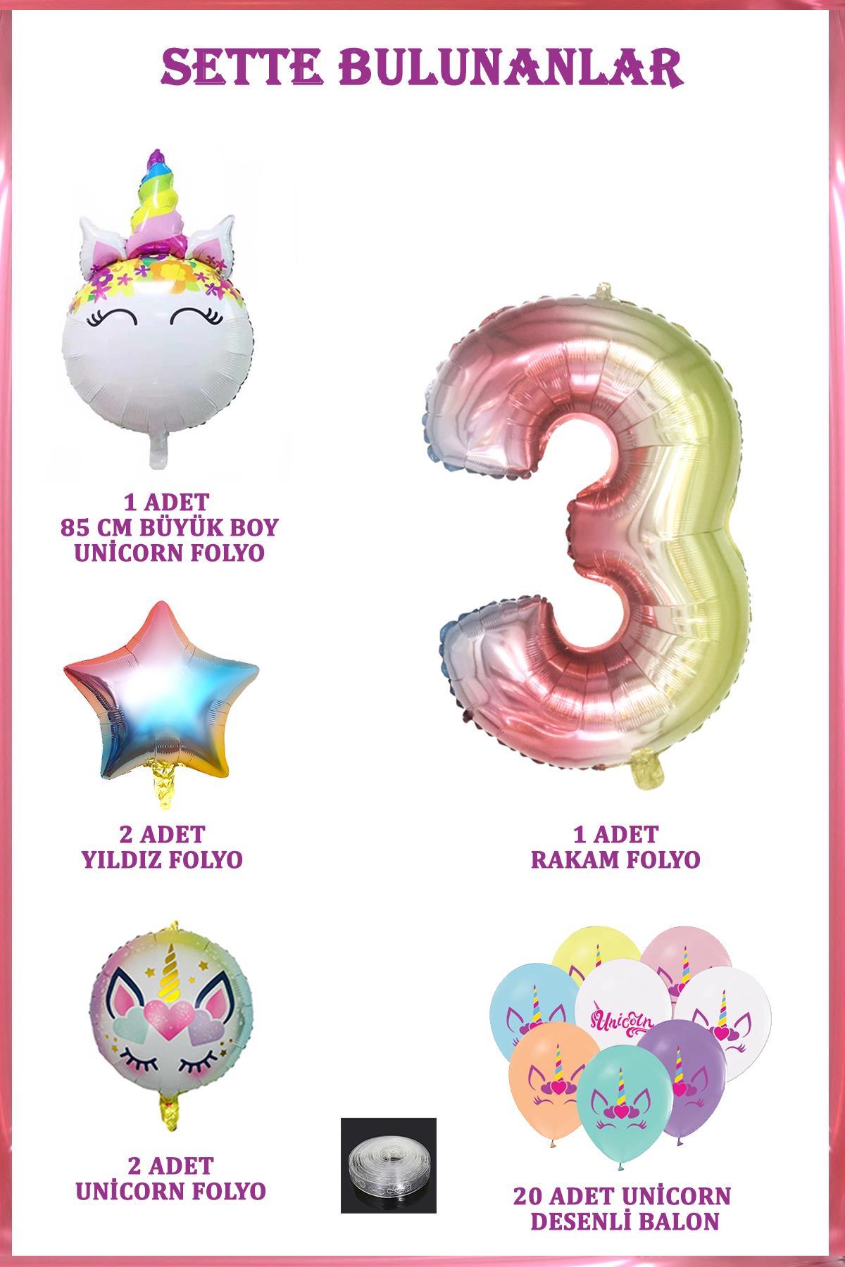 3 Yaş Gökkuşağı Konsepti Unicorn Temalı Doğum Günü Parti Kutlama Seti