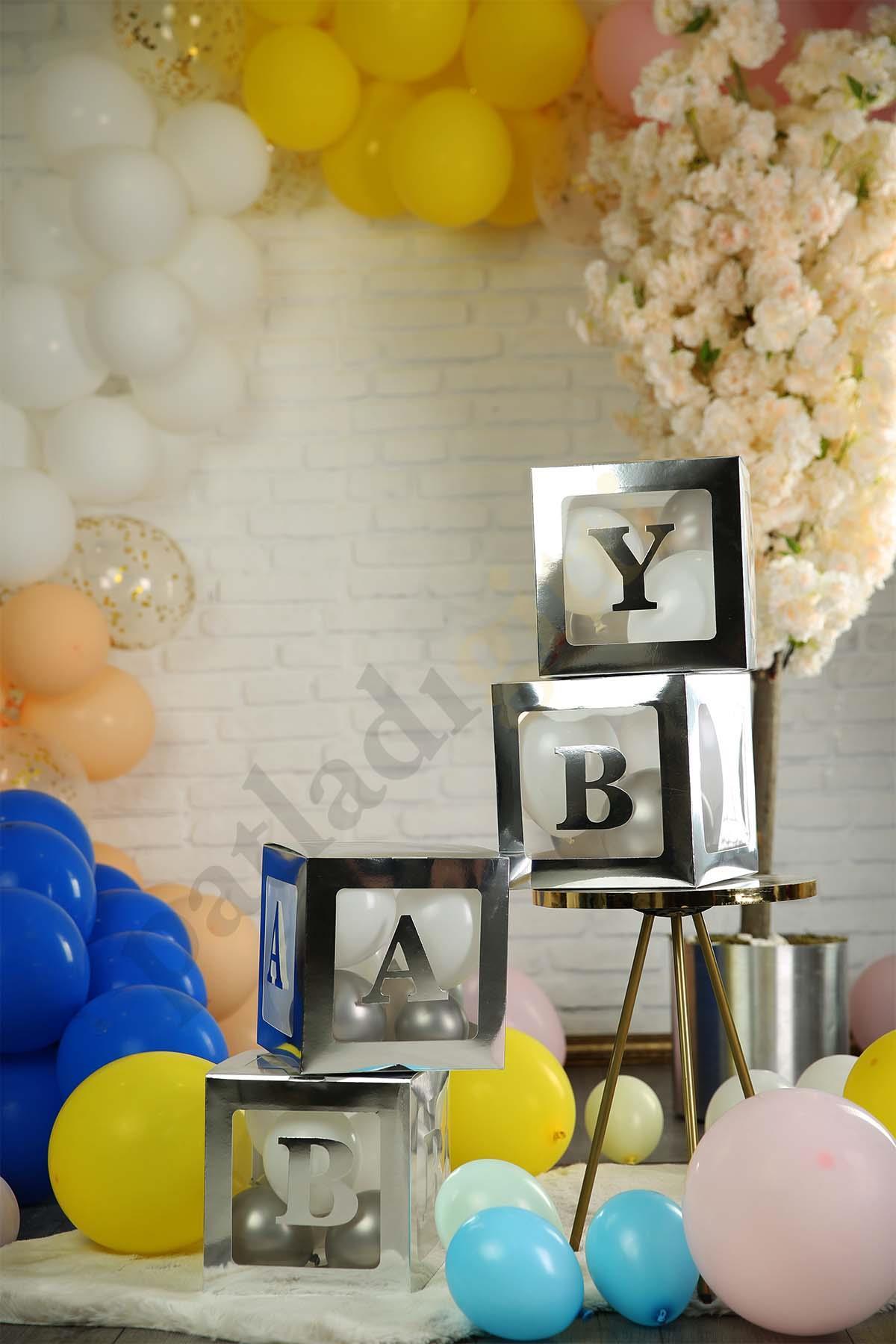 33 Parça Baby Yazılı Şeffaf Gümüş Kutu ve Balon Seti