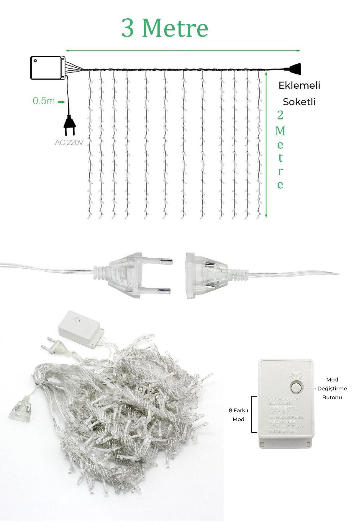 3x2 Metre 192 Ledli 12 Saçaklı Perde Led Işıklar Animasyonlu Kumandalı Fişli - Günışığı