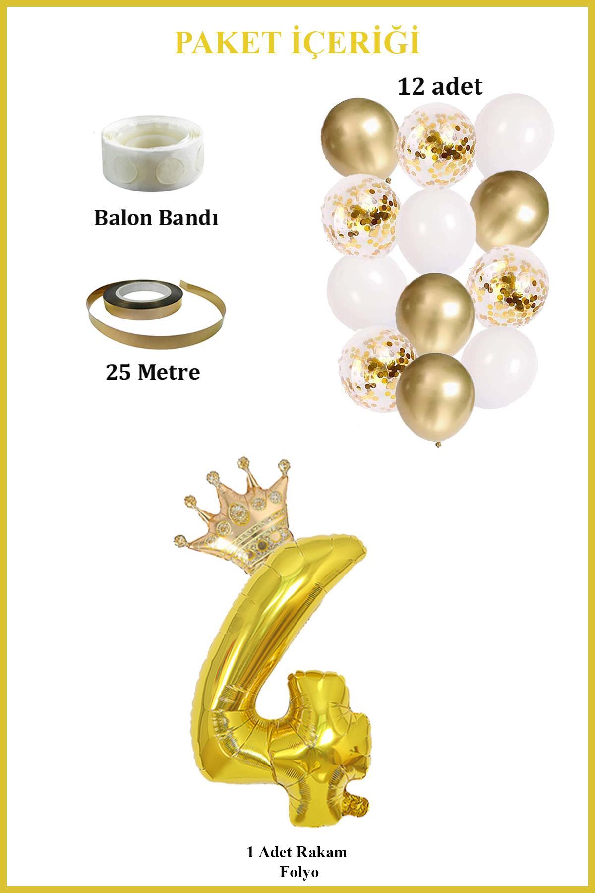 4 Rakam Gold Folyo Balon, Kral Tacı Ve Konfetili Gold Balon