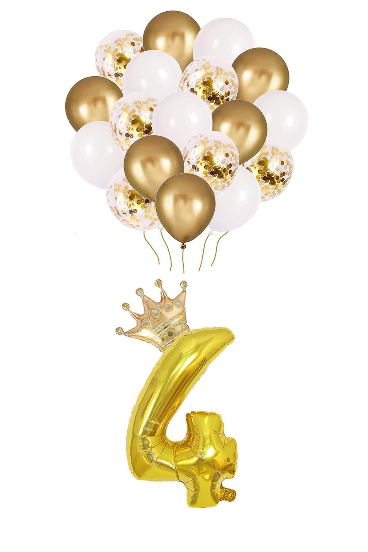4 Rakam Gold Folyo Balon, Kral Tacı Ve Konfetili Gold Balon