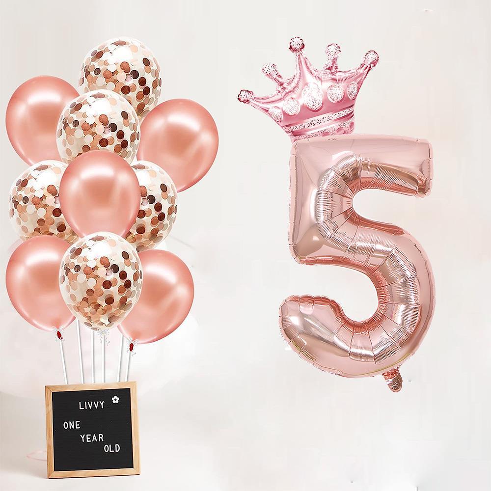 5 Rakam Rose Gold Folyo Balon, Kral Tacı Ve Konfetili Rose Gold Balon
