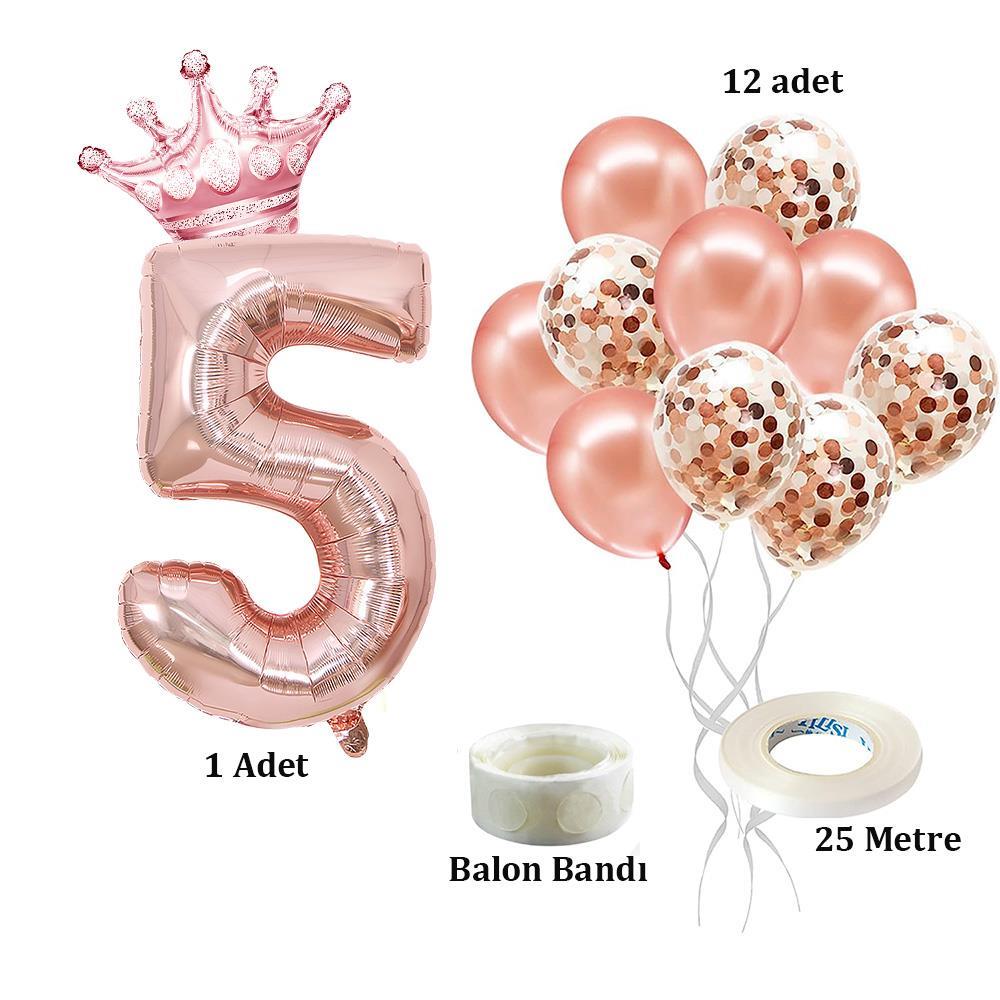 5 Rakam Rose Gold Folyo Balon, Kral Tacı Ve Konfetili Rose Gold Balon