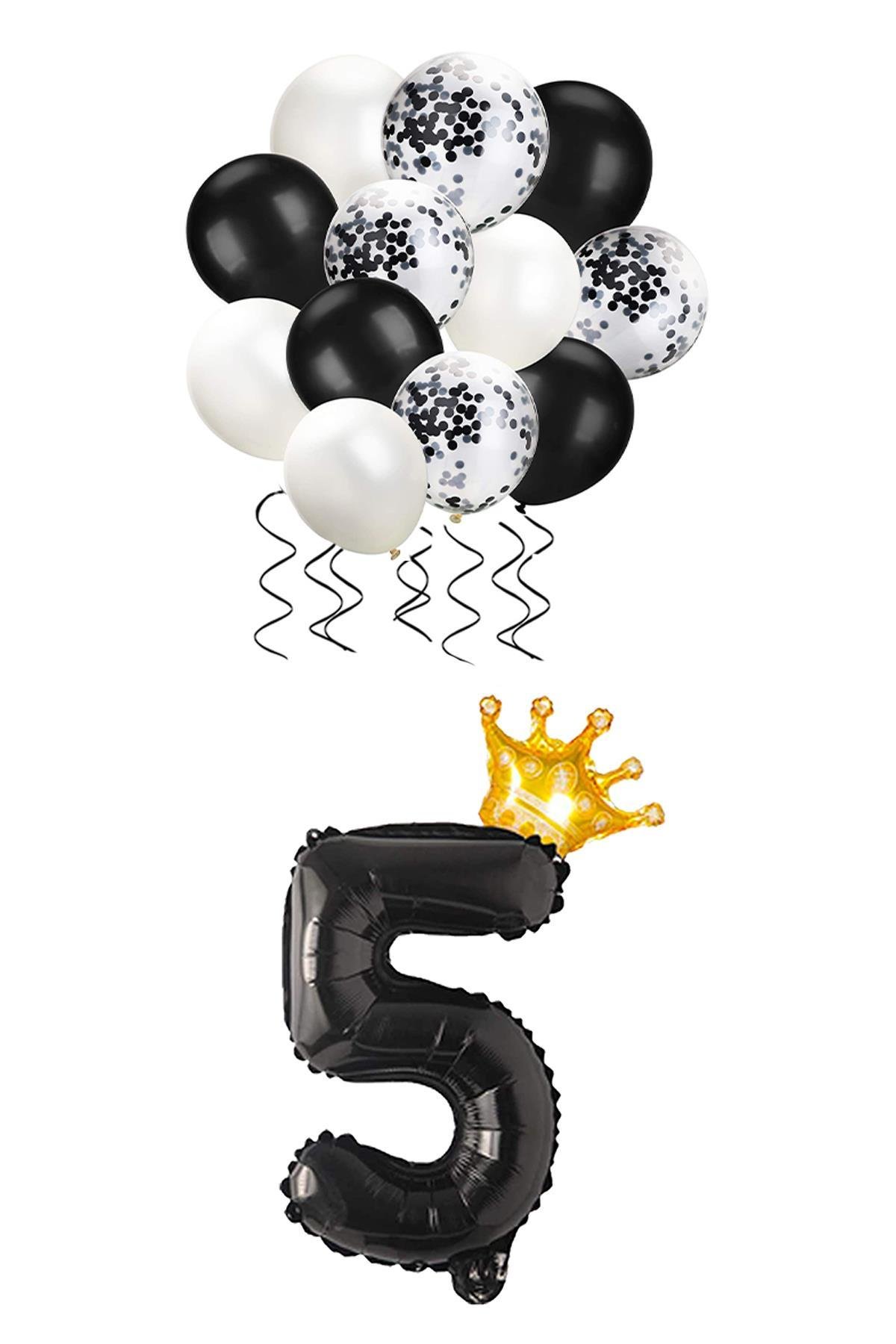 5 Rakam Siyah Folyo Balon, Kral Tacı Ve Konfetili Siyah Balon Set