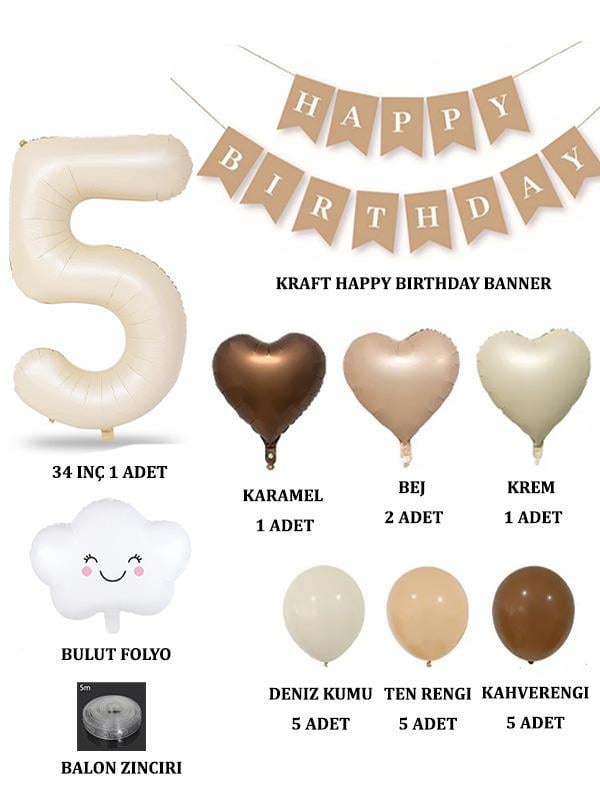 5 Yaş Retro Doğum Günü Seti; Krem Rakam Folyo, Banner, Kalp Folyo ve Lateks Balon