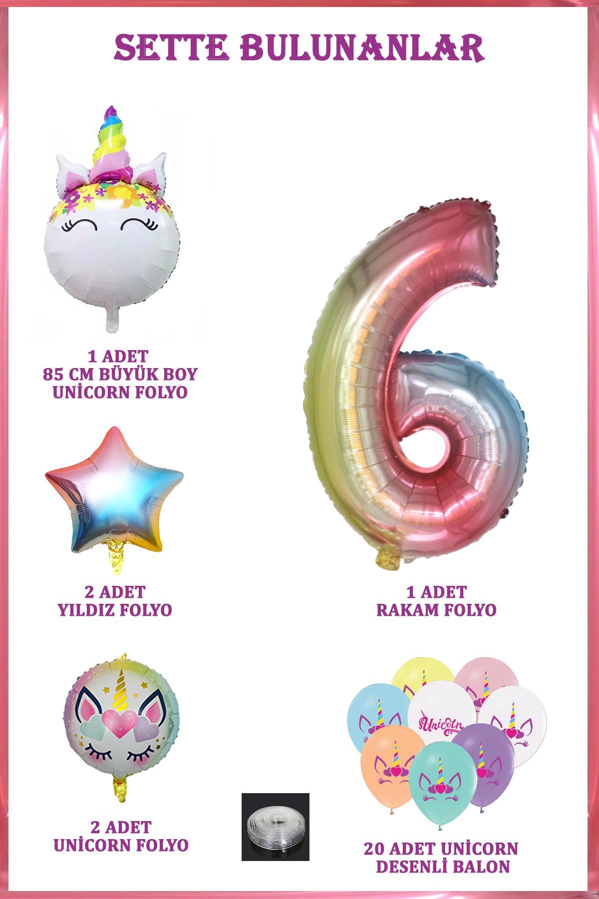 6 Yaş Gökkuşağı Konsepti Unicorn Temalı Doğum Günü Parti Kutlama Seti
