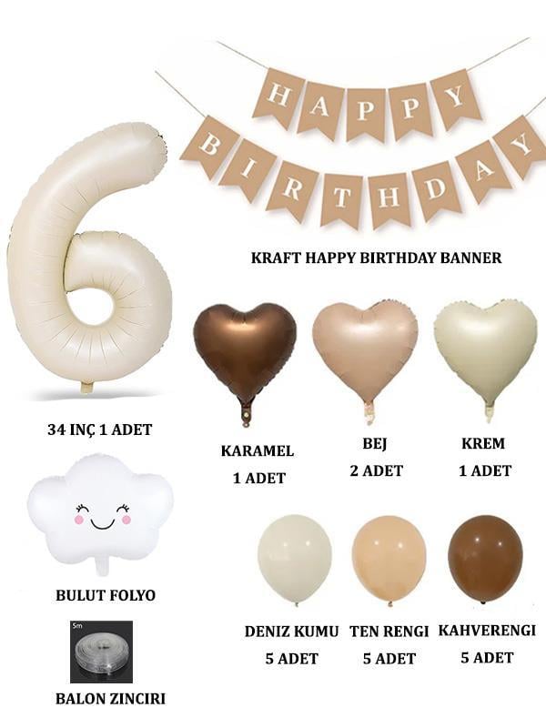 6 Yaş Retro Doğum Günü Seti; Krem Rakam Folyo, Banner, Kalp Folyo ve Lateks Balon