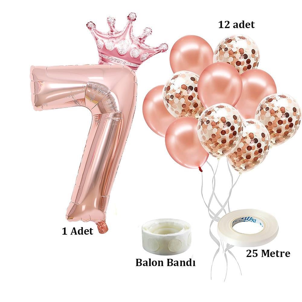 7 Rakam Rose Gold Folyo Balon, Kral Tacı Ve Konfetili Rose Gold Balon