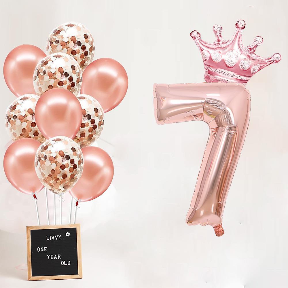 7 Rakam Rose Gold Folyo Balon, Kral Tacı Ve Konfetili Rose Gold Balon