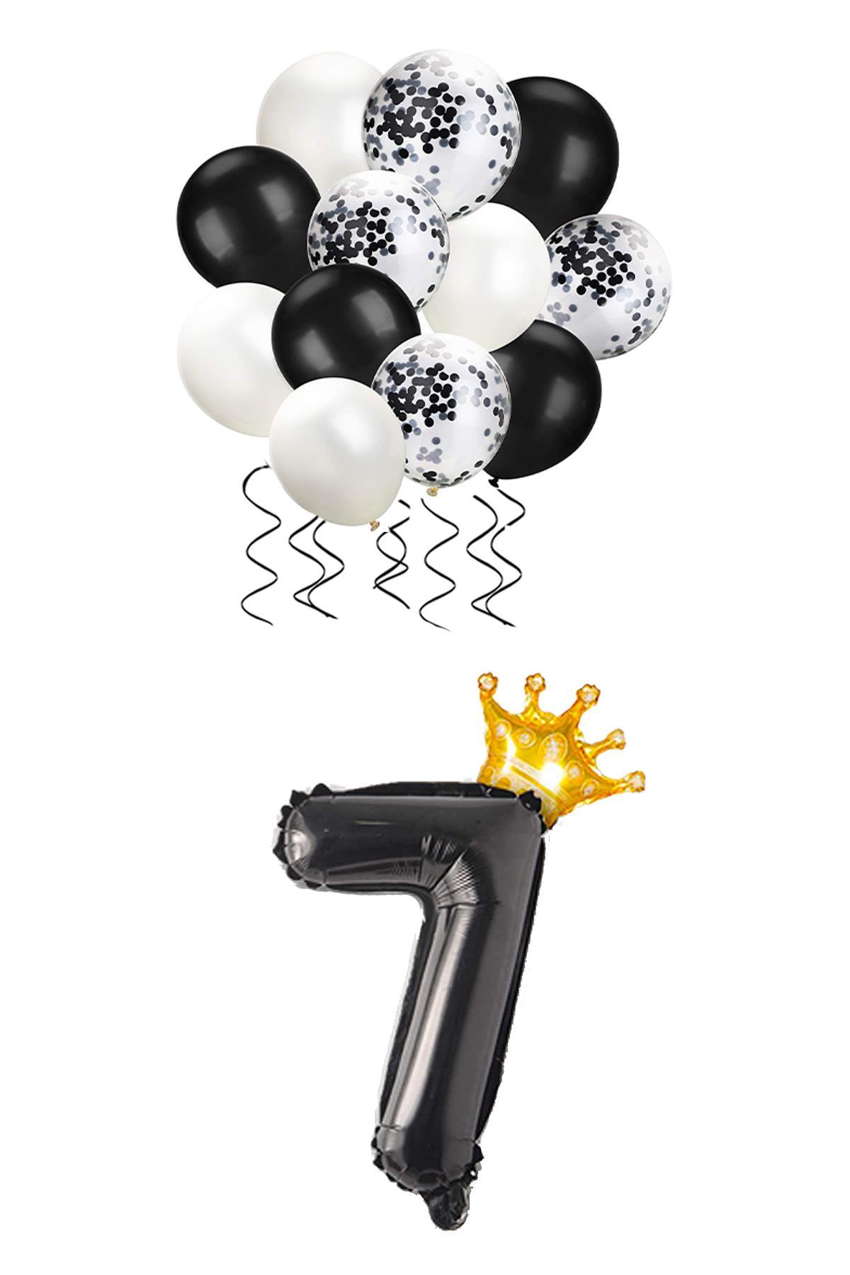 7 Rakam Siyah Folyo Balon, Kral Tacı Ve Konfetili Siyah Balon Set