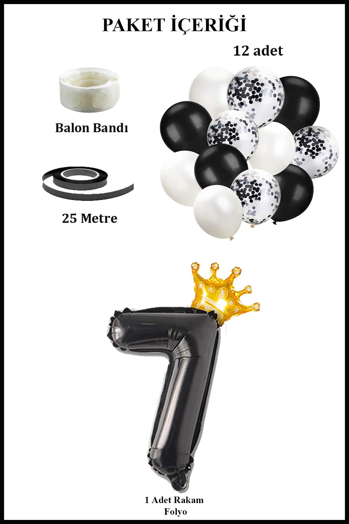 7 Rakam Siyah Folyo Balon, Kral Tacı Ve Konfetili Siyah Balon Set