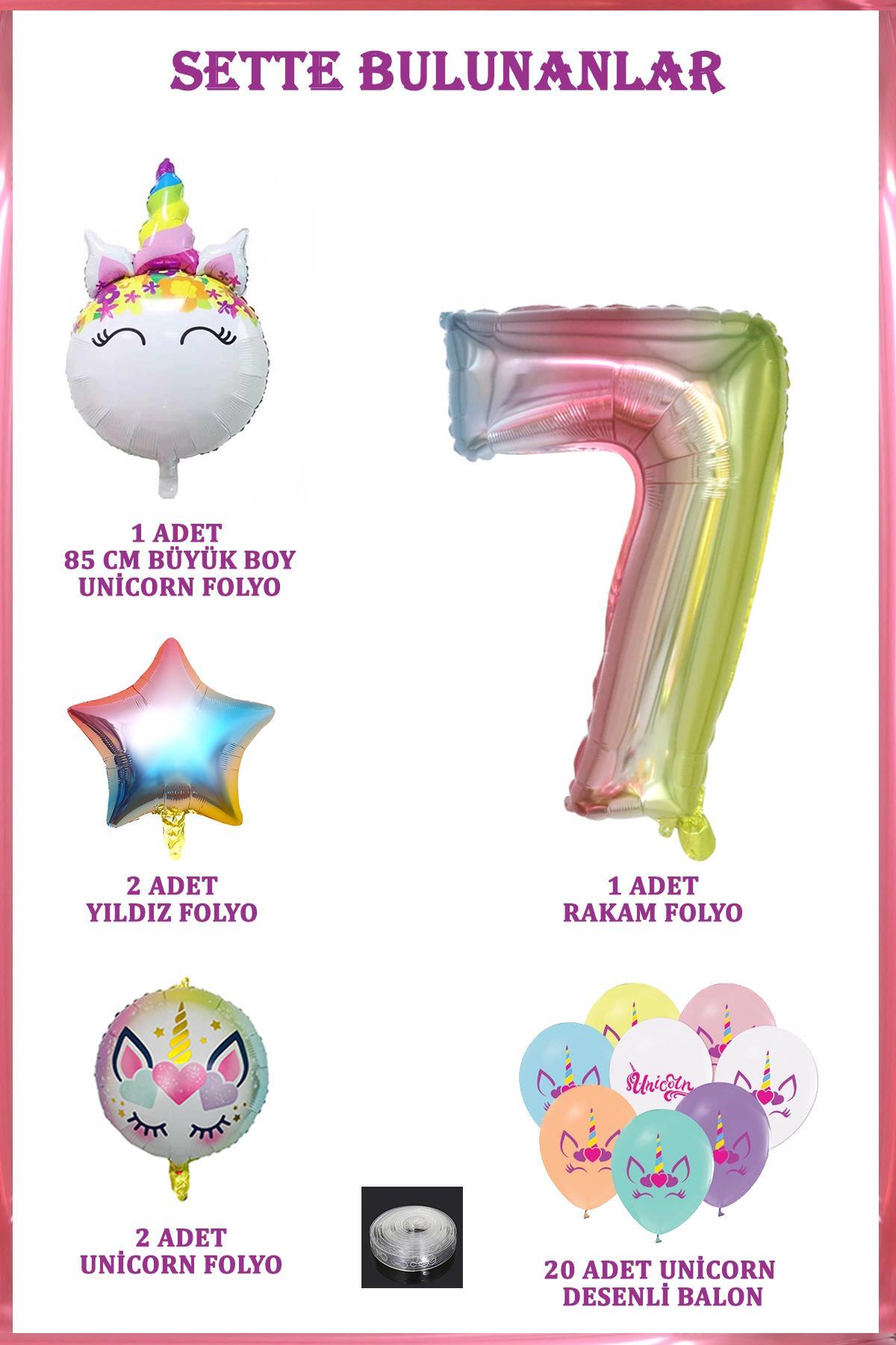 7 Yaş Gökkuşağı Konsepti Unicorn Temalı Doğum Günü Parti Kutlama Seti