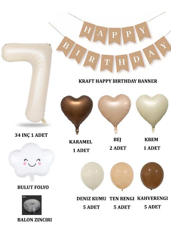 7 Yaş Retro Doğum Günü Seti; Krem Rakam Folyo, Banner, Kalp Folyo ve Lateks Balon