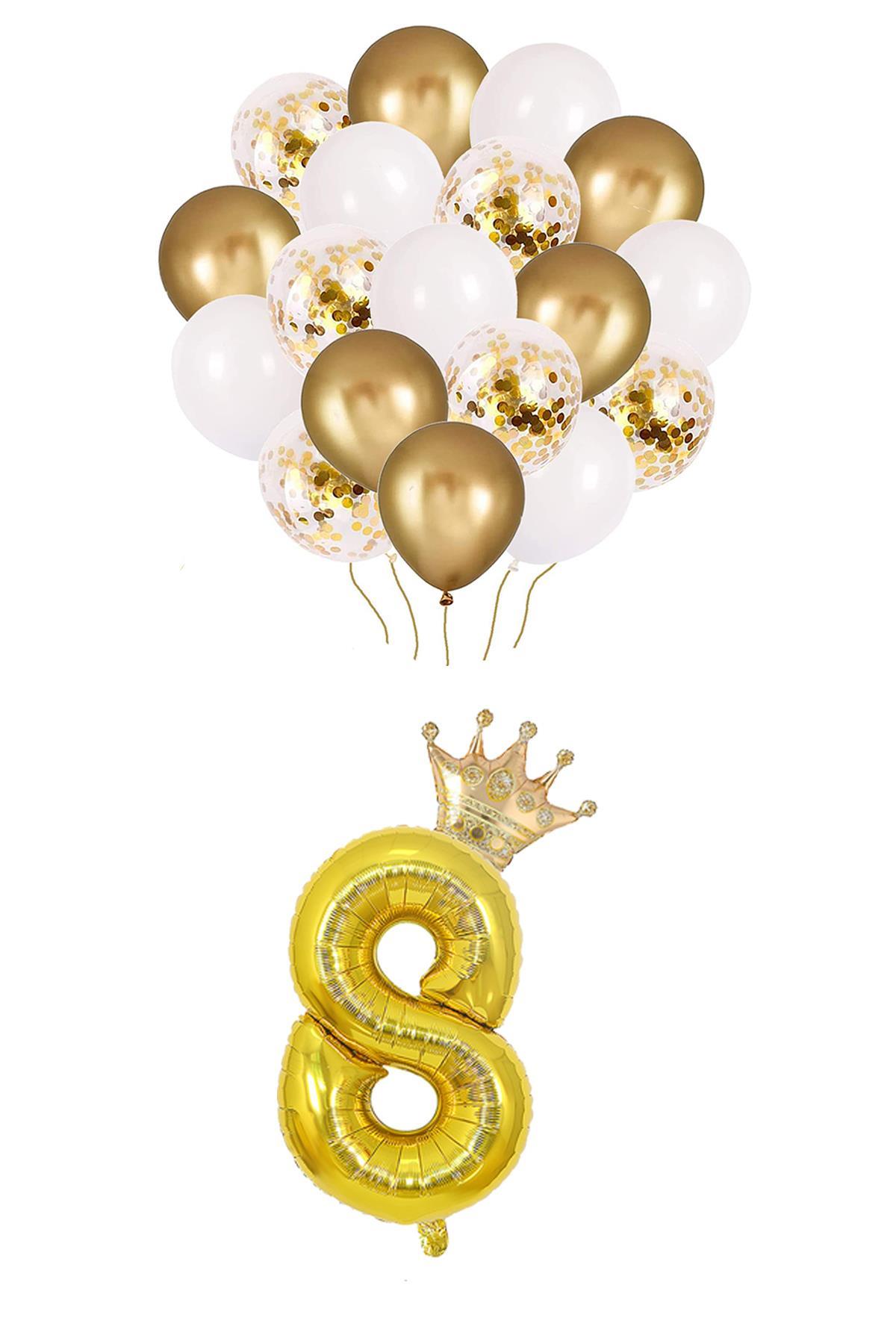 8 Rakam Gold Folyo Balon, Kral Tacı Ve Konfetili Gold Balon