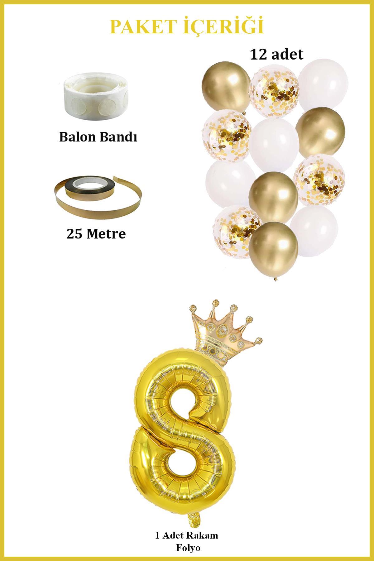 8 Rakam Gold Folyo Balon, Kral Tacı Ve Konfetili Gold Balon