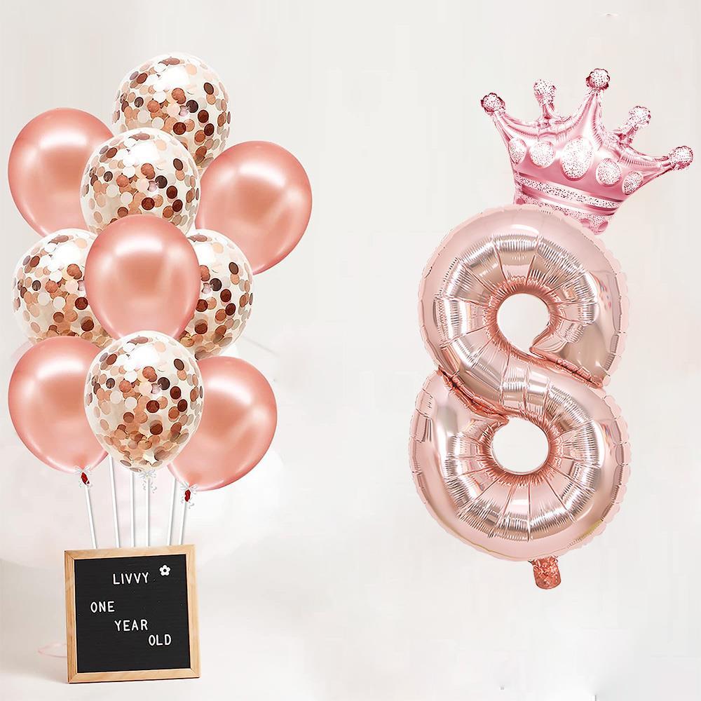 8 Rakam Rose Gold Folyo Balon, Kral Tacı Ve Konfetili Rose Gold Balon