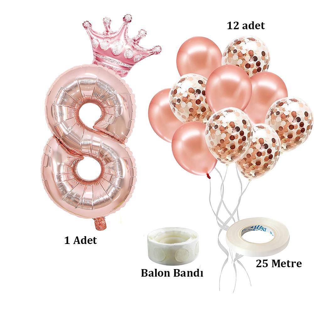 8 Rakam Rose Gold Folyo Balon, Kral Tacı Ve Konfetili Rose Gold Balon
