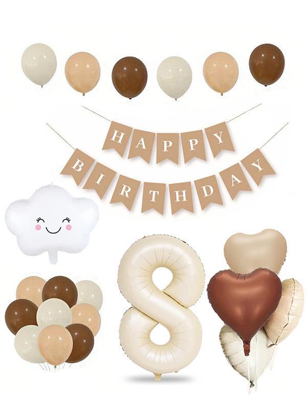 8 Yaş Retro Doğum Günü Seti; Krem Rakam Folyo, Banner, Kalp Folyo ve Lateks Balon