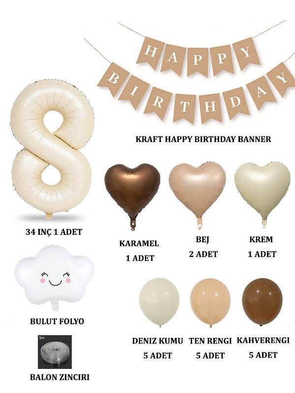 8 Yaş Retro Doğum Günü Seti; Krem Rakam Folyo, Banner, Kalp Folyo ve Lateks Balon