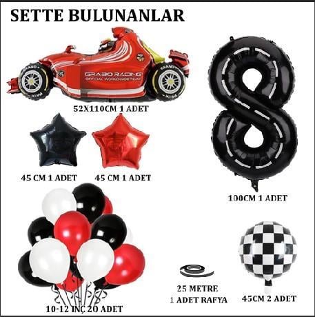 8 Yaş Yarış Arabası Temalı Doğum Günü Parti Kutlama Balon Seti 
