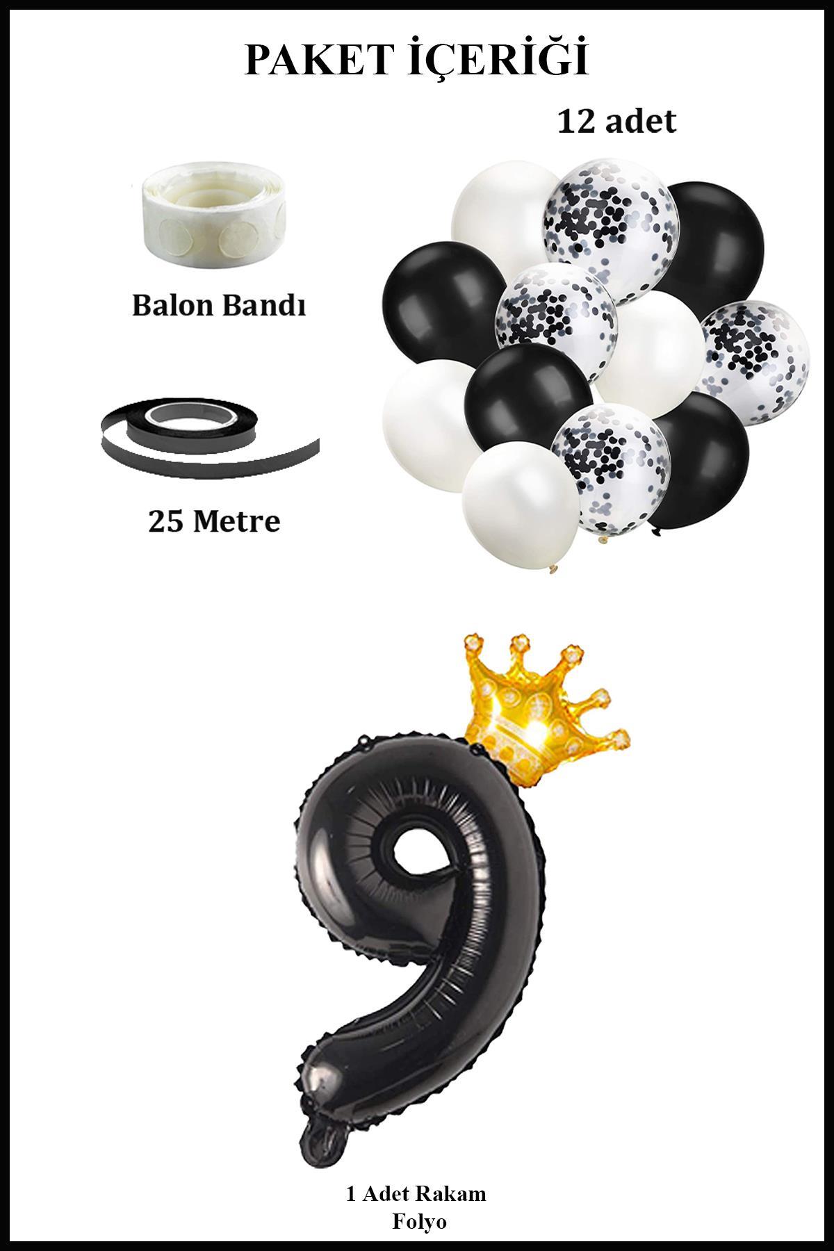 9 Rakam Siyah Folyo Balon, Kral Tacı Ve Konfetili Siyah Balon Set