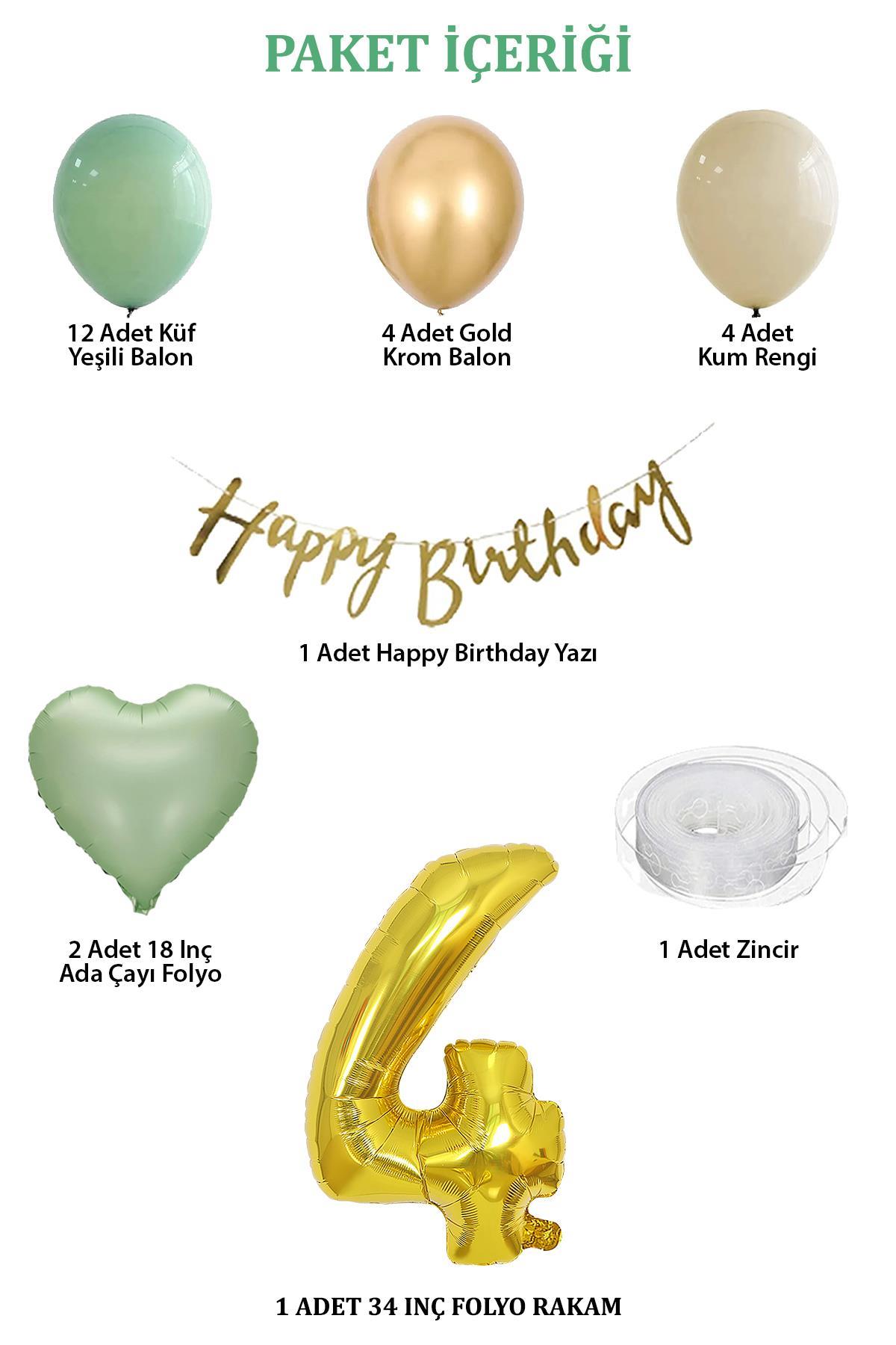 Adaçayı Konsept 4 Yaş Doğum Günü Seti ; Küf Yeşili-Krom Gold- Deniz Kumu ve Adaçayı Kalp Folyo Balon
