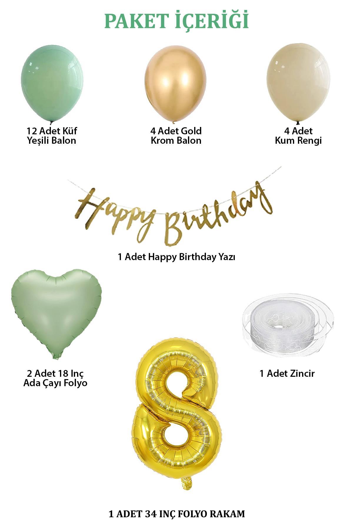 Adaçayı Konsept 8 Yaş Doğum Günü Seti ; Küf Yeşili-Krom Gold- Deniz Kumu ve Adaçayı Kalp Folyo Balon