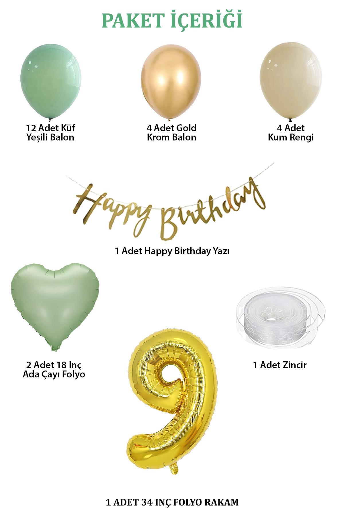 Adaçayı Konsept 9 Yaş Doğum Günü Seti ; Küf Yeşili-Krom Gold- Deniz Kumu ve Adaçayı Kalp Folyo Balon