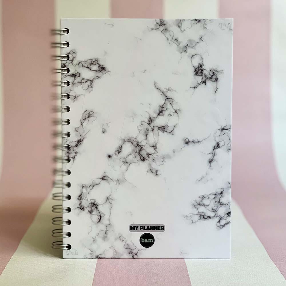 Beyaz Mermer Tasarımlı Spiralli Sticker'lı Tarihsiz Konuşan Ajanda Haftalık Planlayıcı Defter