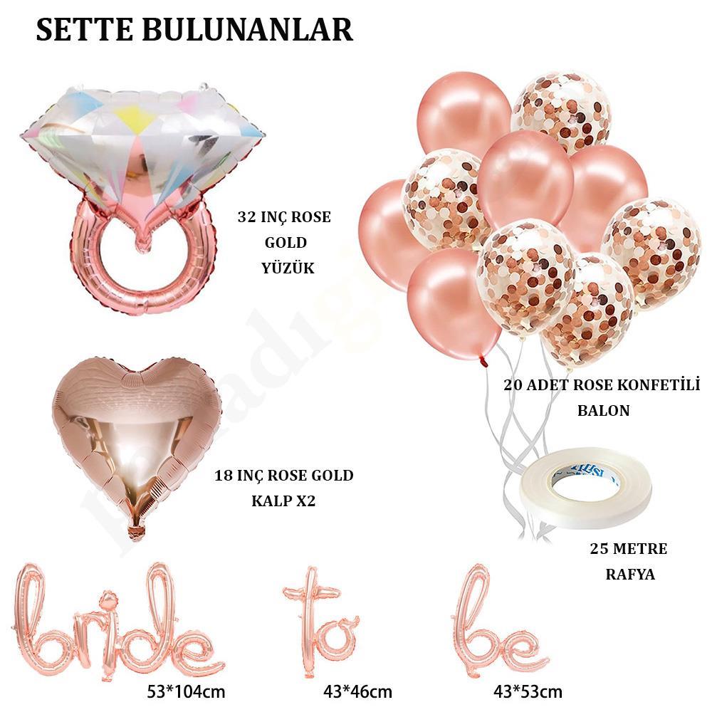 Bride To Be  El Yazısı, Tek Taş Yüzük Ve Kalp Folyo Balonlu Rose Gold Set