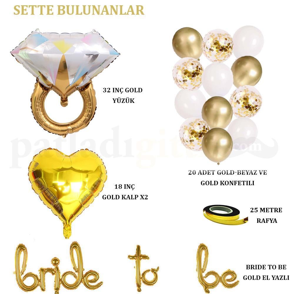 Bride To Be  El Yazısı, Tek Taş Yüzük Ve Kalp Folyo Balonlu Gold  Bride To Be Set