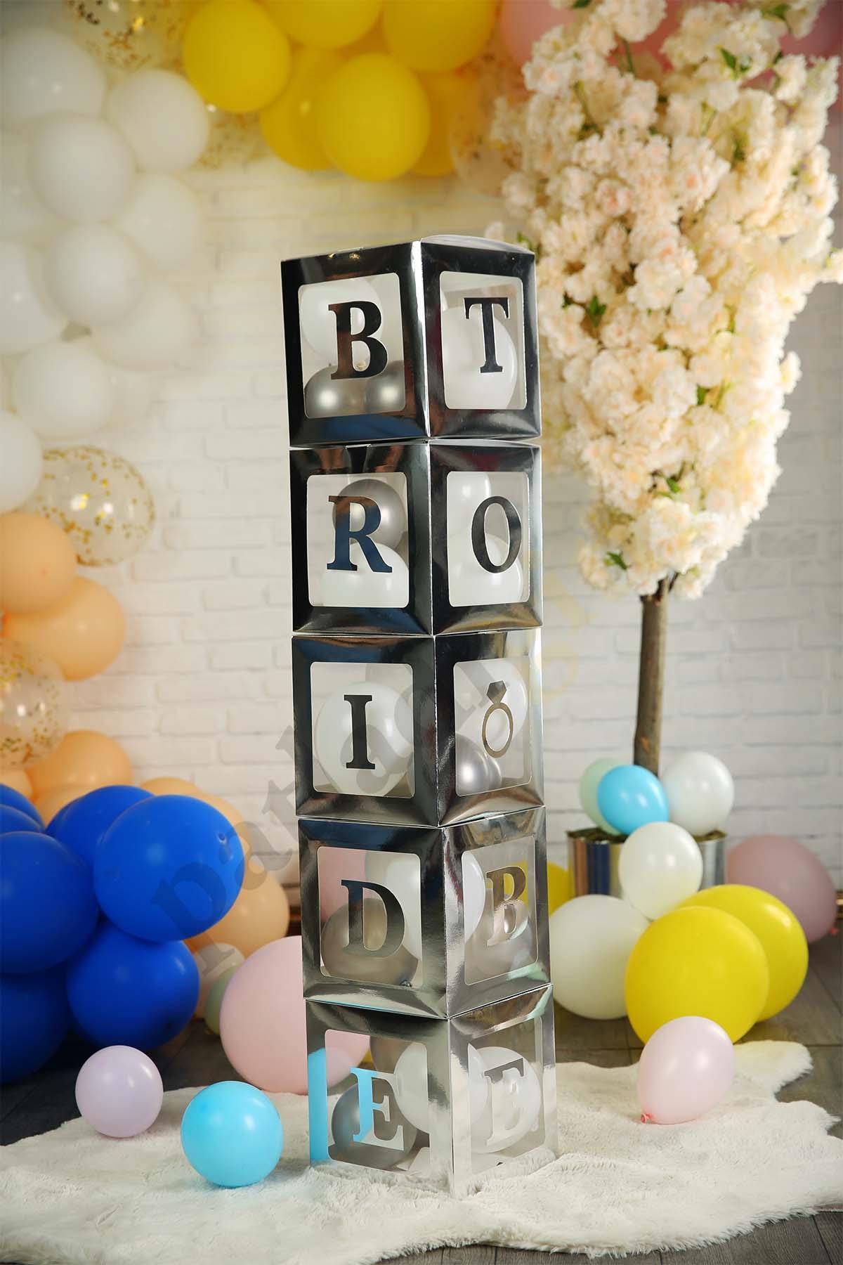 Bride To Be Yazılı Büyük Boy 25 cm Gümüş Kutu ve Balon Seti Nişan Kına Parti Kutlama Seti