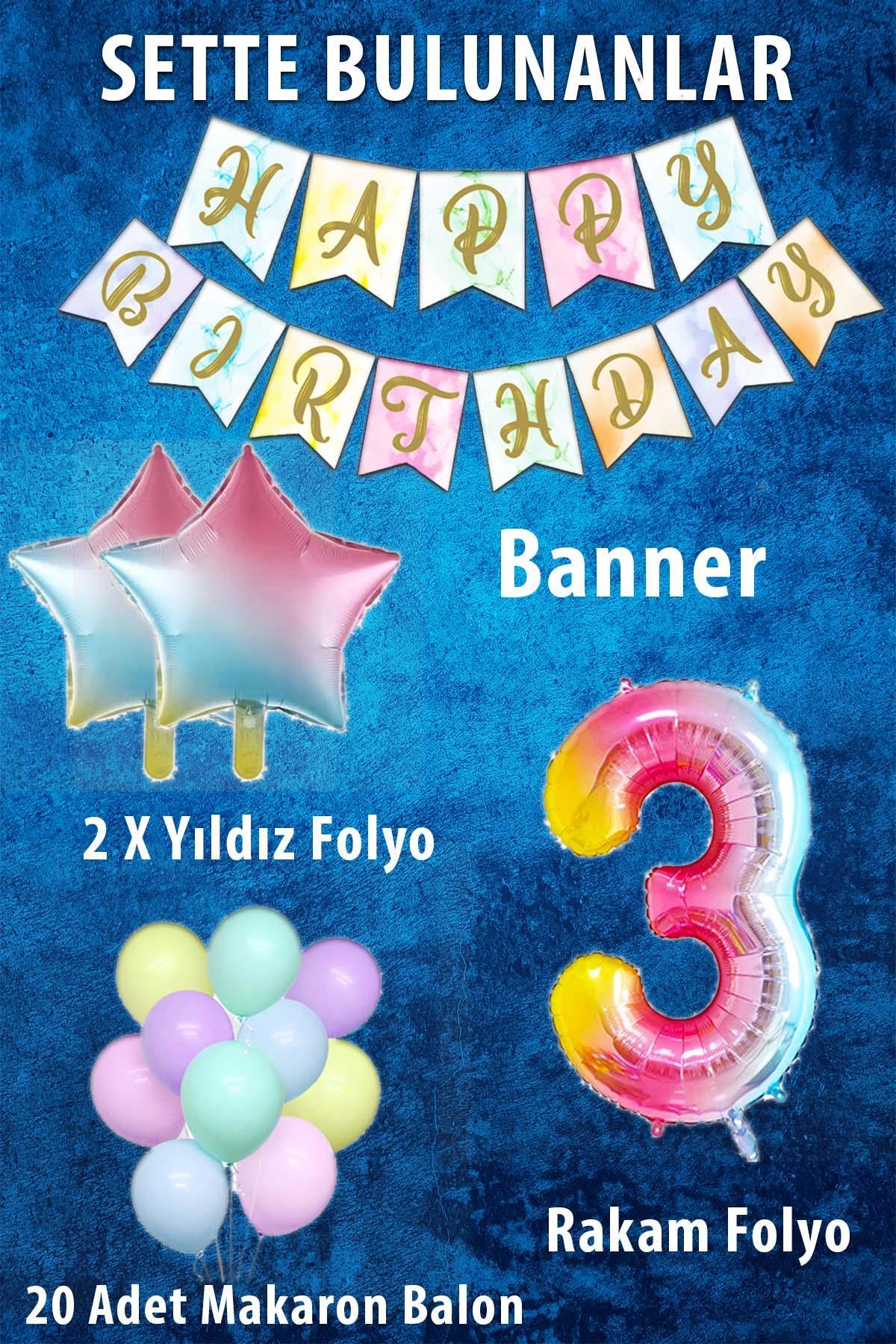 Gökkuşağı Konsepti 3 Yaş Doğum Günü Parti Kutlama Seti; Rakam ve Yıldız Folyo, Banner ve Makaron Balon